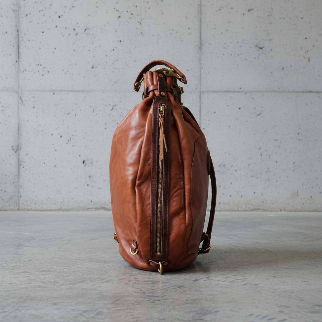 Remington Italian Leather Backpack in Caramel, side zip detail, concrete background