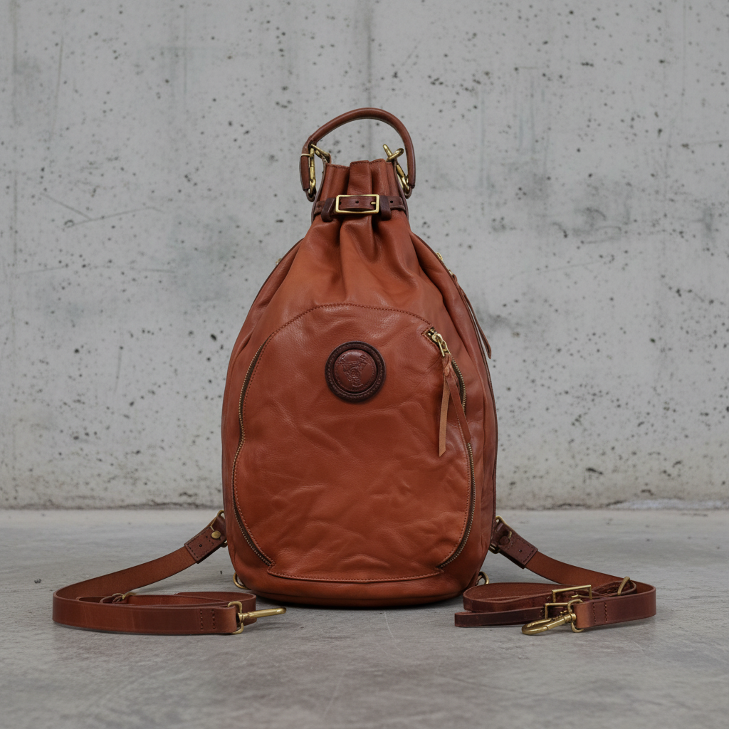 Remington Italian Leather Backpack in Caramel, front view with shoulder straps, concrete background.
