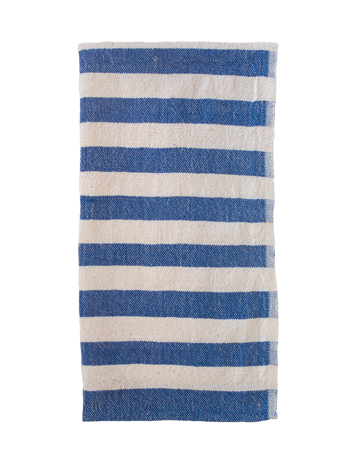 A blue stiped towel on a white background.