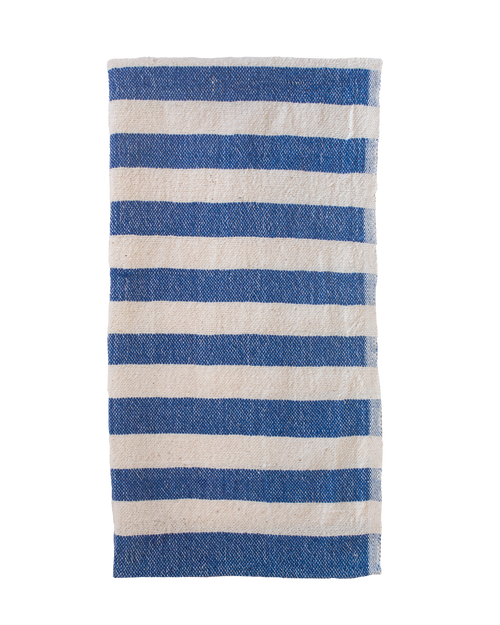 A blue stiped towel on a white background.