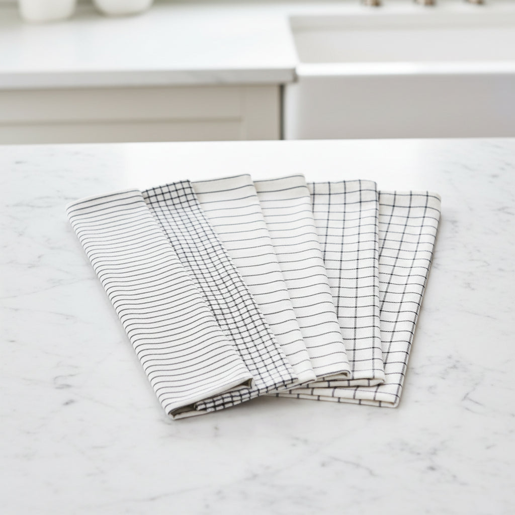 Six white and black kitchen towels from Organic Cotton Mart on a white kitchen background.