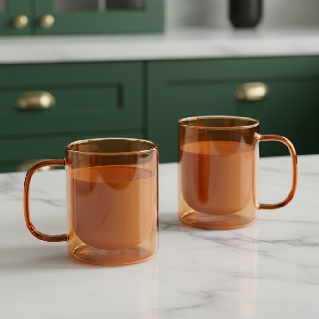 Cove 12oz Amber Glass Mug - Green Kitchen Lifestyle