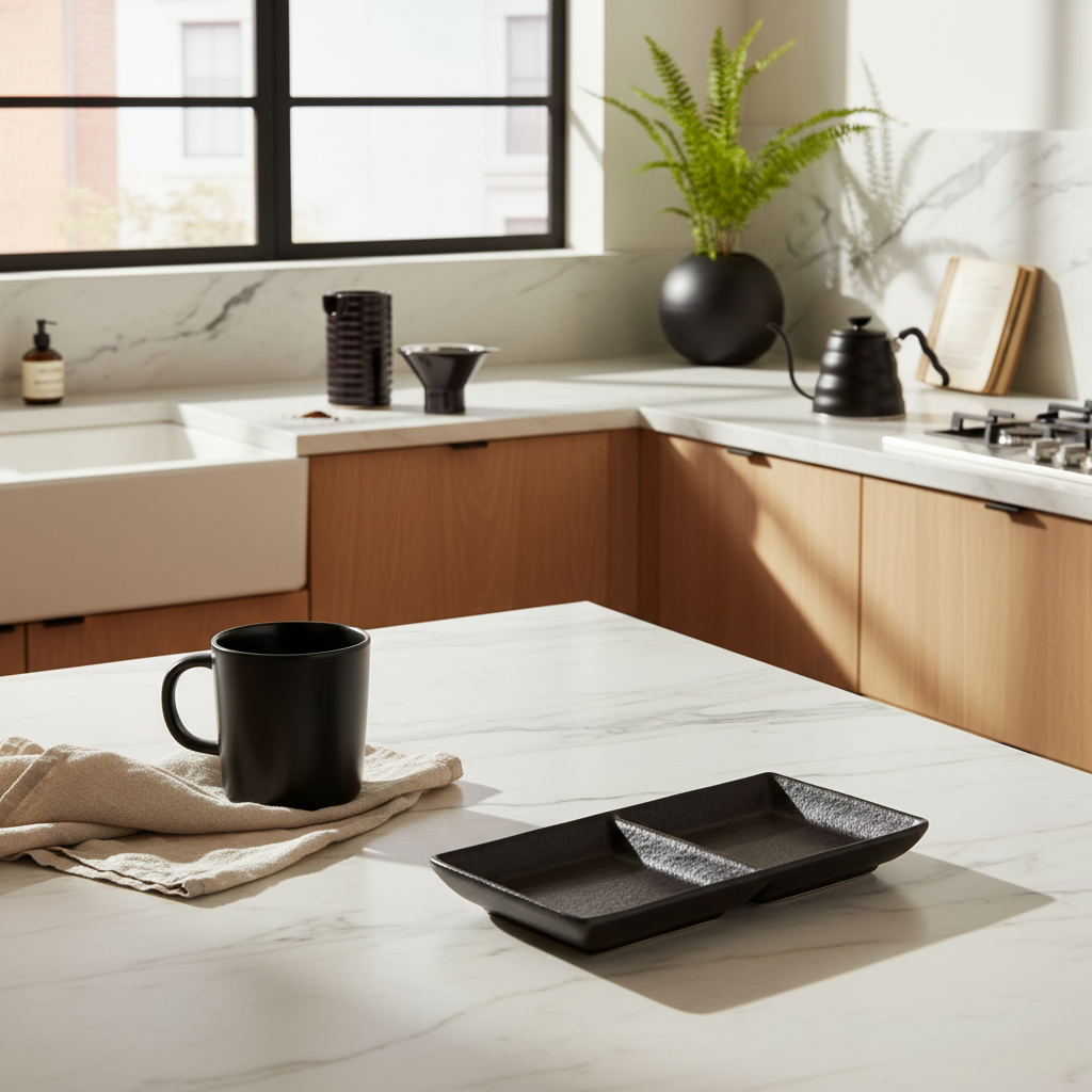 Editorial coffee corner with organically spaced products