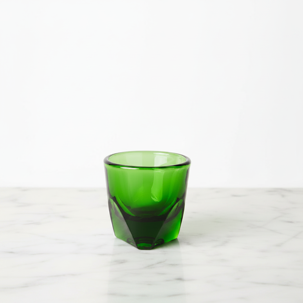 A emerald colored Vero espresso glass 3 oz. on a light background.