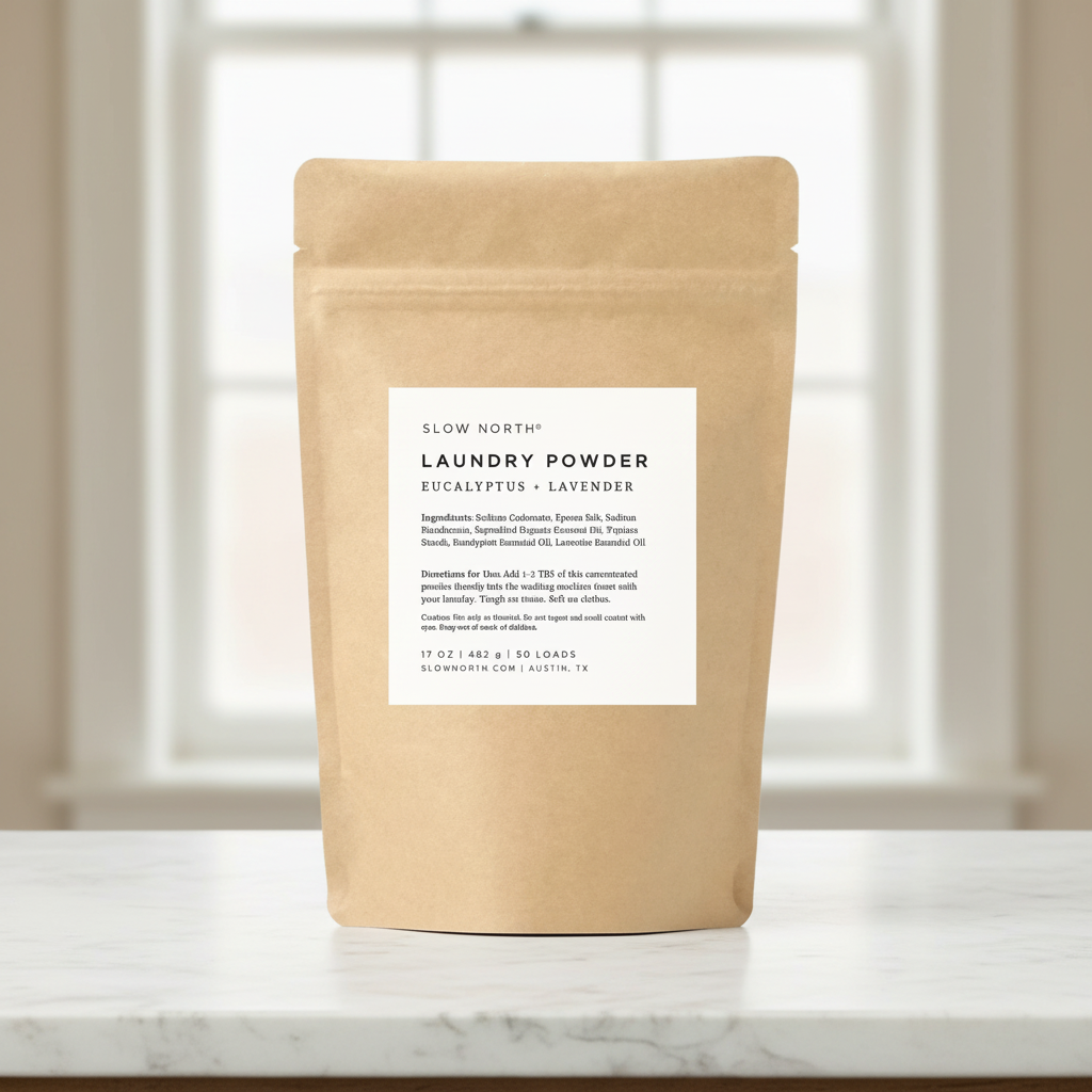 Eucalyptus + Lavender Laundry Powder on a light background. 