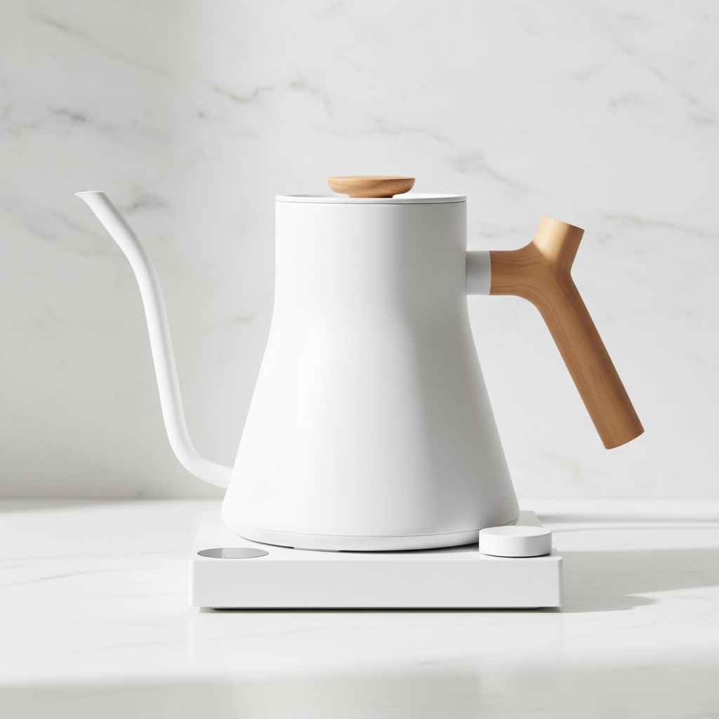 Fellow Stagg EKG Pro Electric Kettle - Matte White w/ Maple LAH Hero on a light background