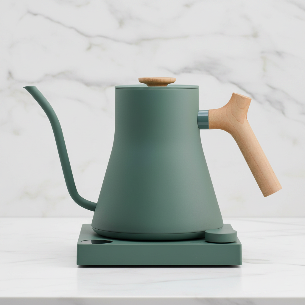 Fellow Stagg EKG Pro stovetop kettle Smoke Green w/ Maple on a light background