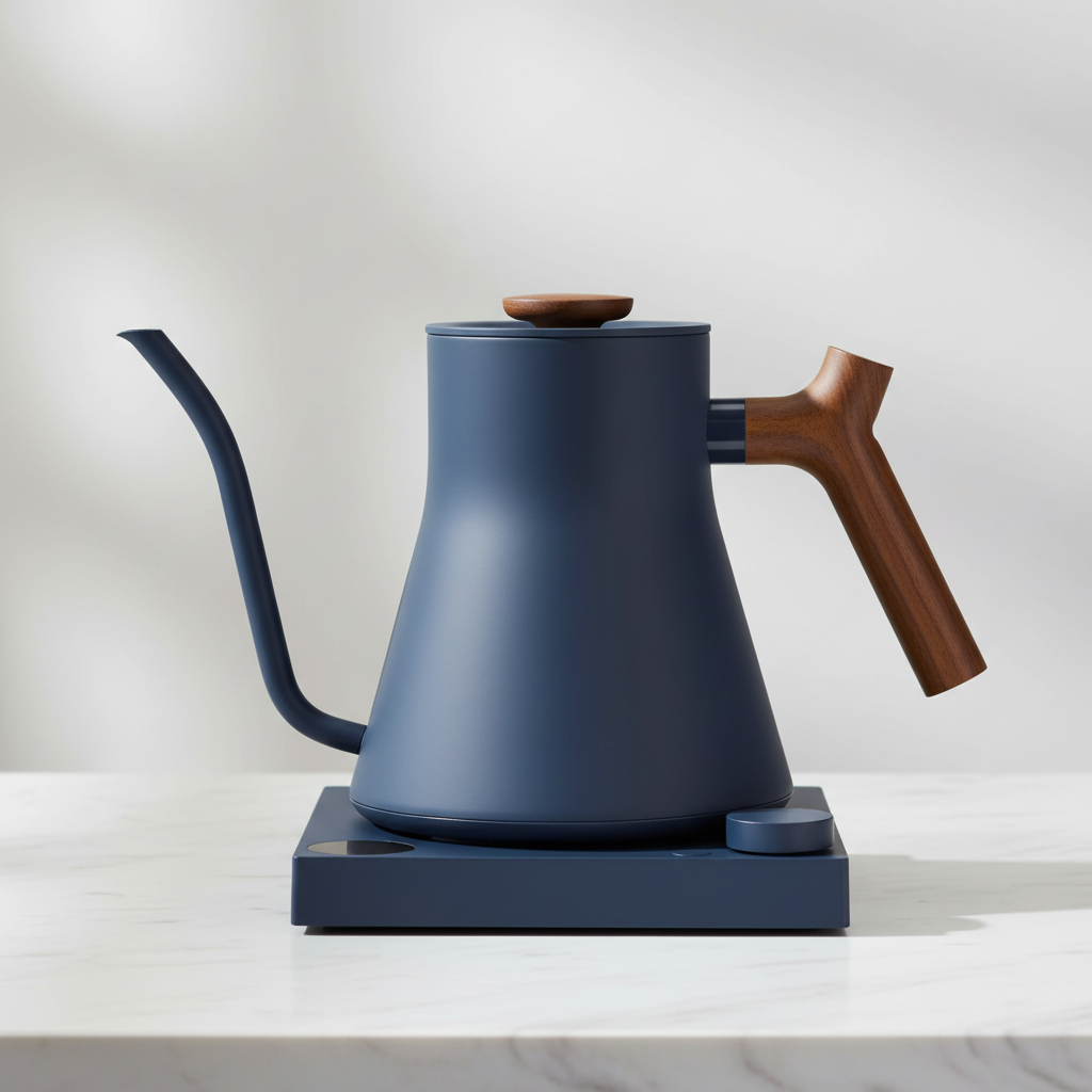 Fellow Stagg EKG Pro stovetop kettle in Stone Blue w/ Walnut with a light background.