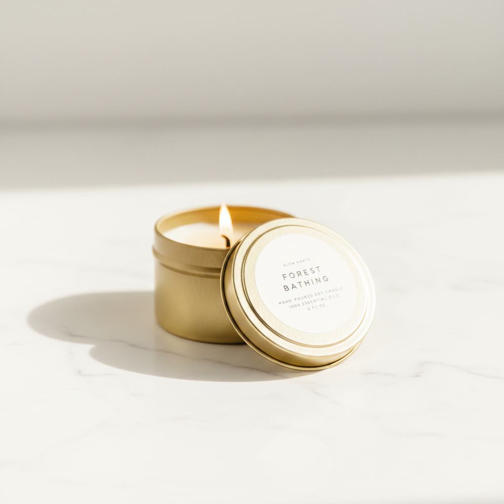 Forest Bathing Travel Tin candle on a light background.