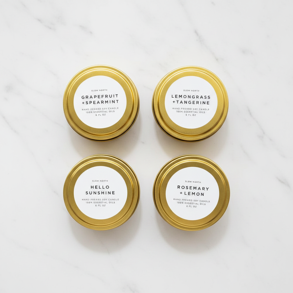 4-Pack tin candle set with grapefruit & spearmint, lemongrass & tangerine, Hello Sunshine, Rosemary & lemon scented candles on a light surface.