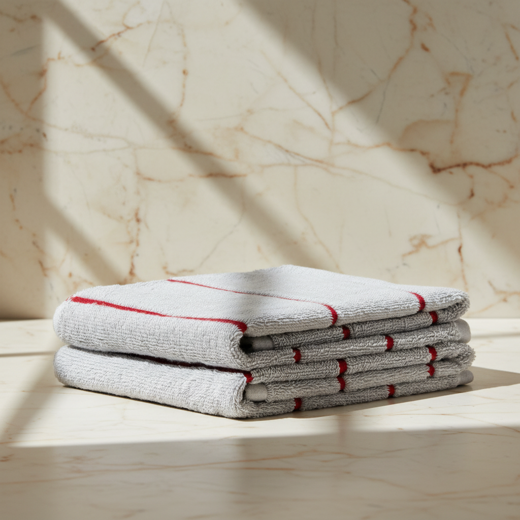 Gray bath towels with red stripe LAH hero - angled