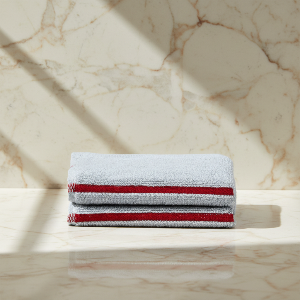 Gray washcloths with red stripe LAH hero - front