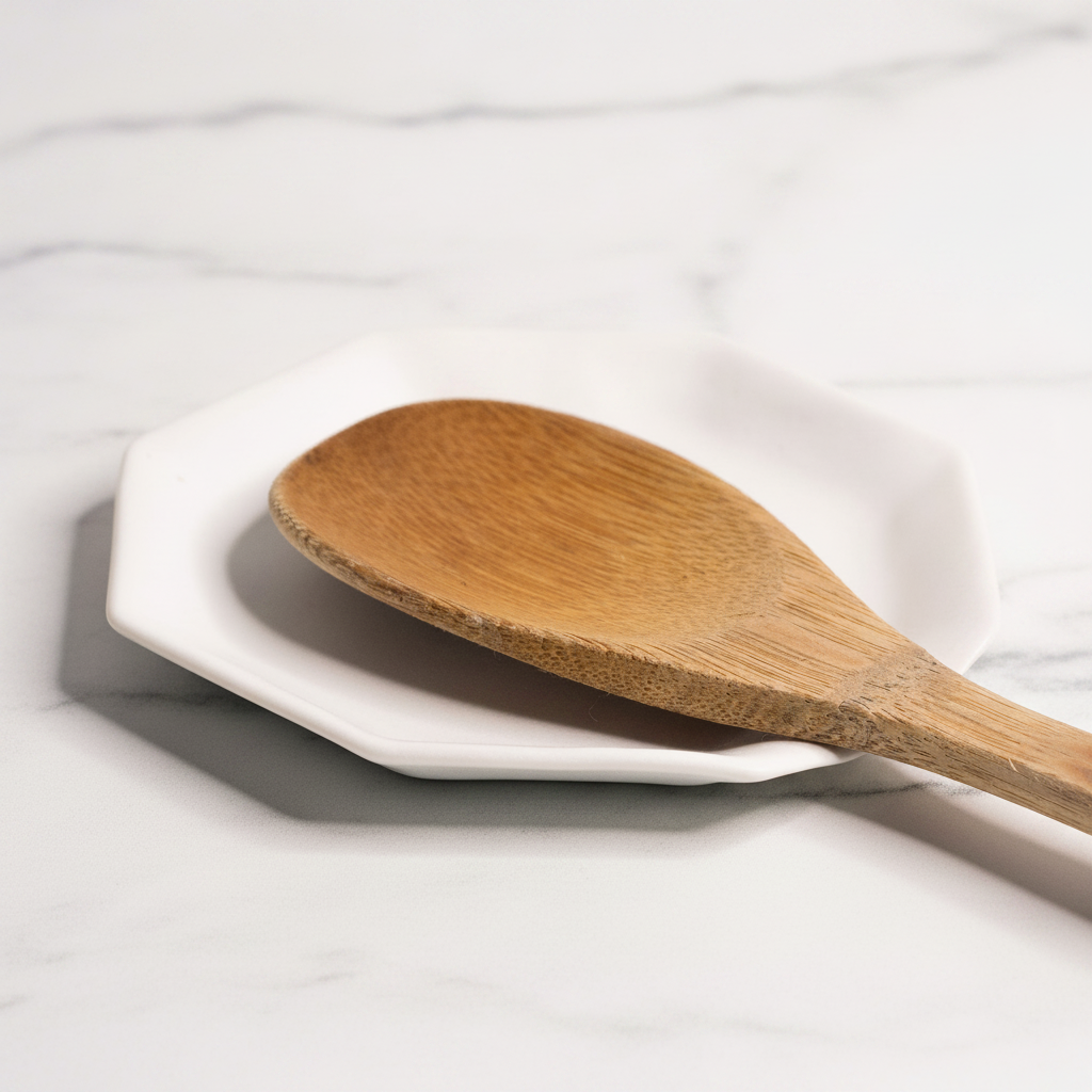 Handmade White Porcelain Spoon Rest  with wooden spoon on a light surface.