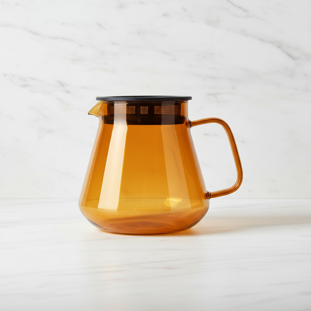 Hario Glass Coffee and Tea Server Amber on a light background.