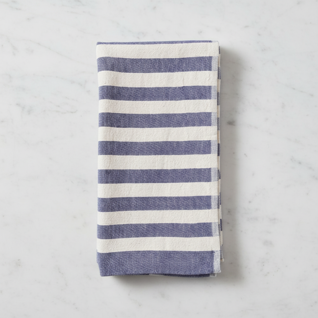 Indigo Stripe Hand on a white marble surface.
