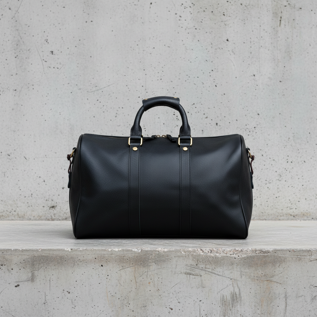 James Leather Duffle Bag in Black, front view, concrete background