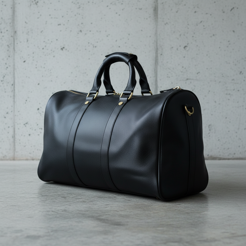 James Leather Duffle Bag in Black, 3/4 front view, concrete background