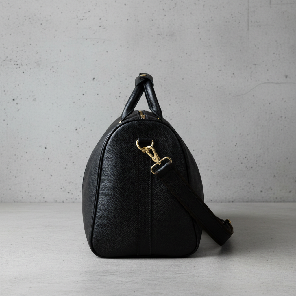 James Leather Duffle Bag in Black, side view, concrete background