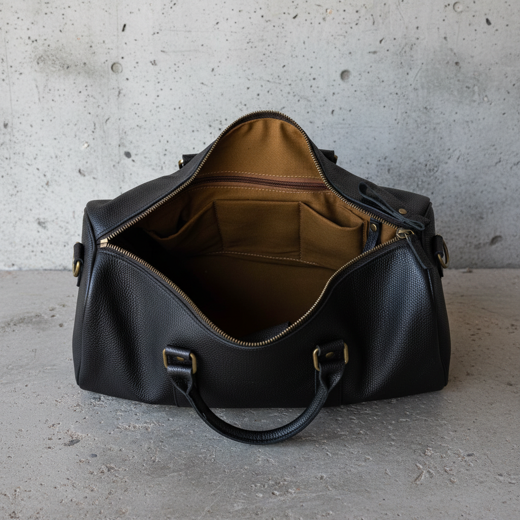 James Leather Duffle Bag in Black, interior of bag view, concrete background