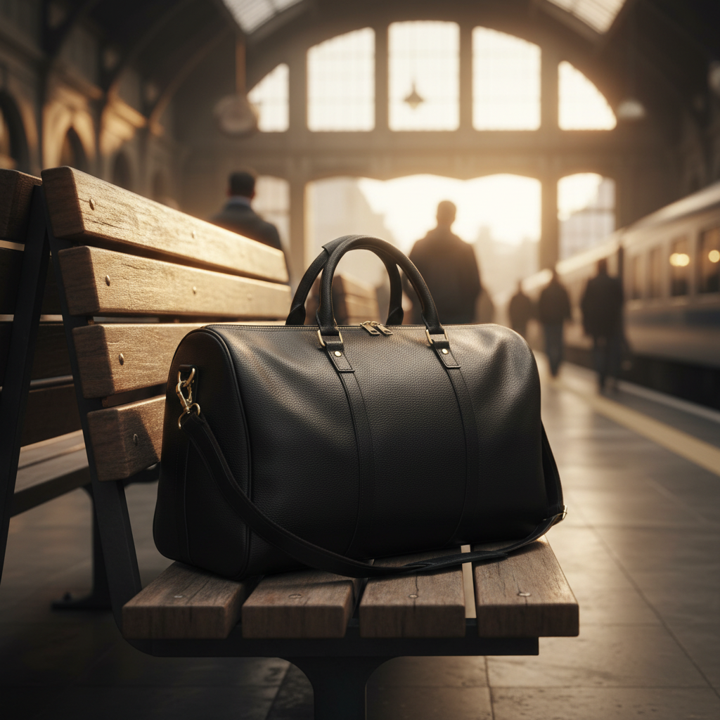 James Leather Duffle Bag on a wooden bench at a train station