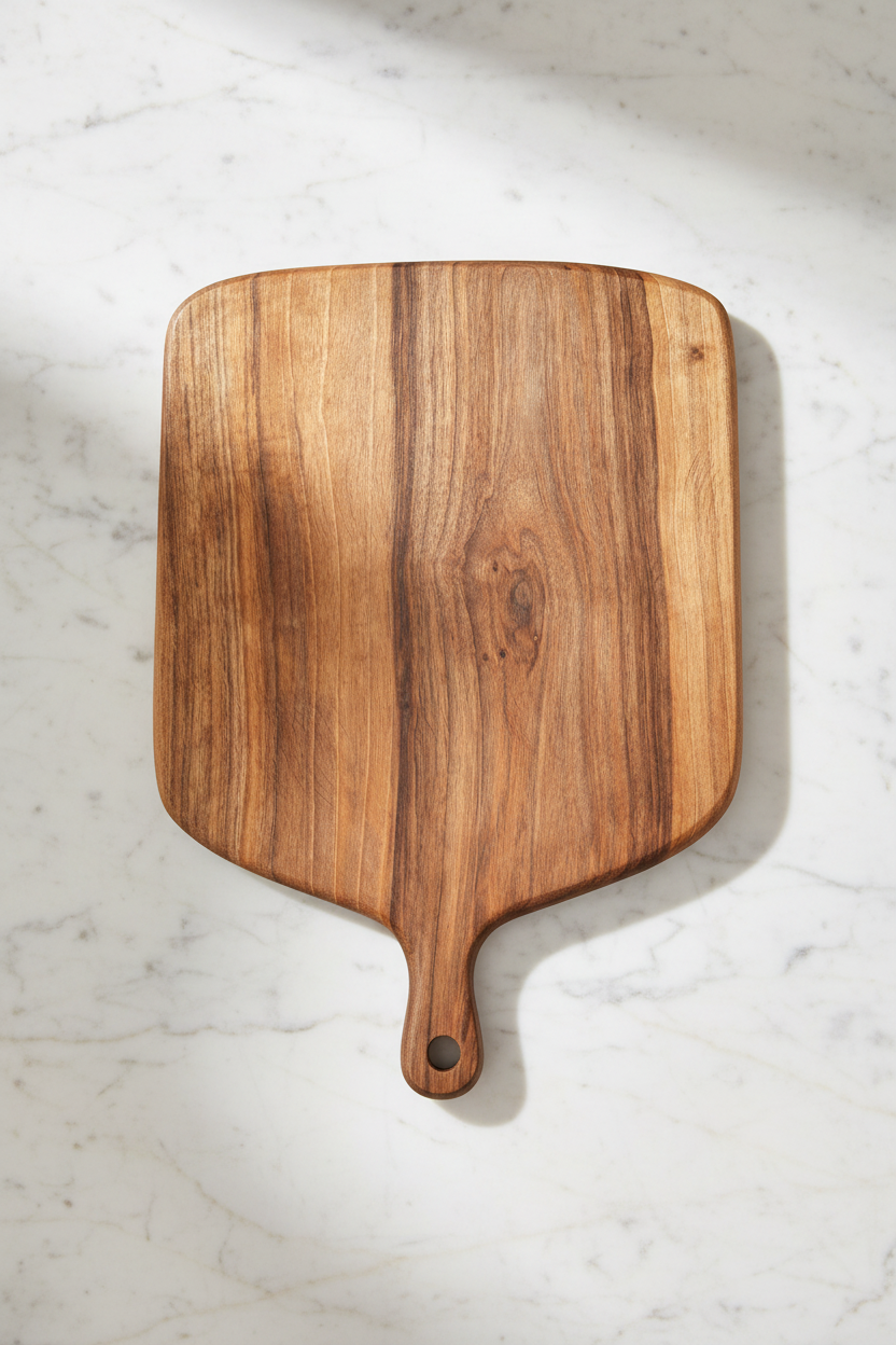 Large wide rectangular paddle-shaped Une Vie Nomade walnut cutting board on a white marble surface.