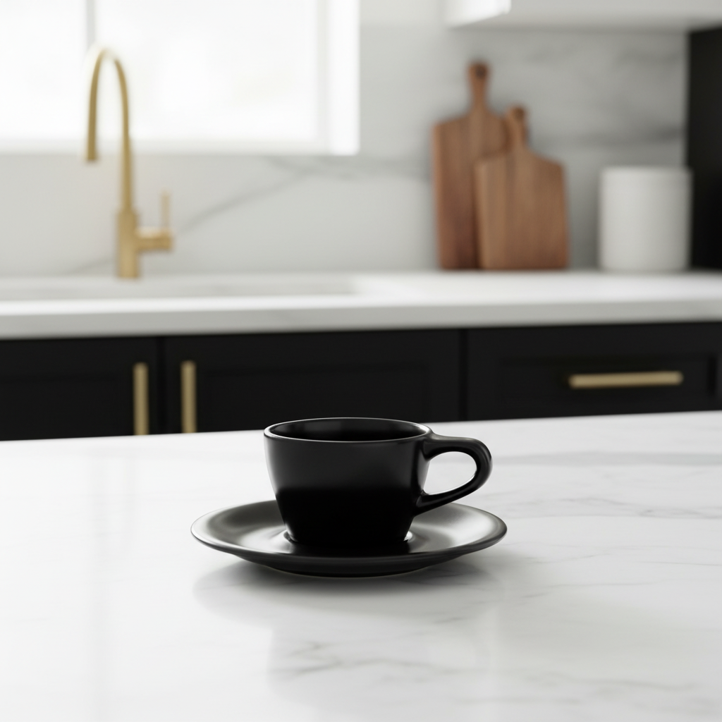Lino Black Cappuccino Cup & Saucer - Black Cabinet Brass Lifestyle