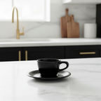 Lino Black Cappuccino Cup & Saucer - Black Cabinet Brass Lifestyle