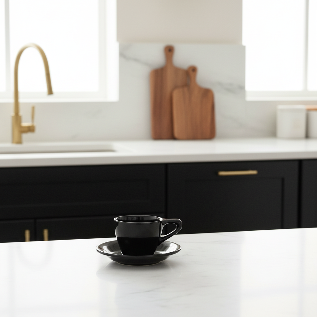 Lino Black Espresso Cup & Saucer - Black Cabinet Brass Lifestyle