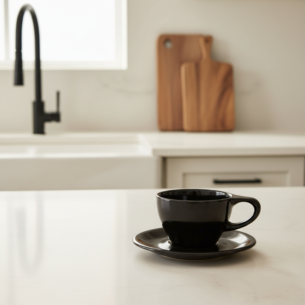 Lino Black Latte Cup - Cream Kitchen Lifestyle