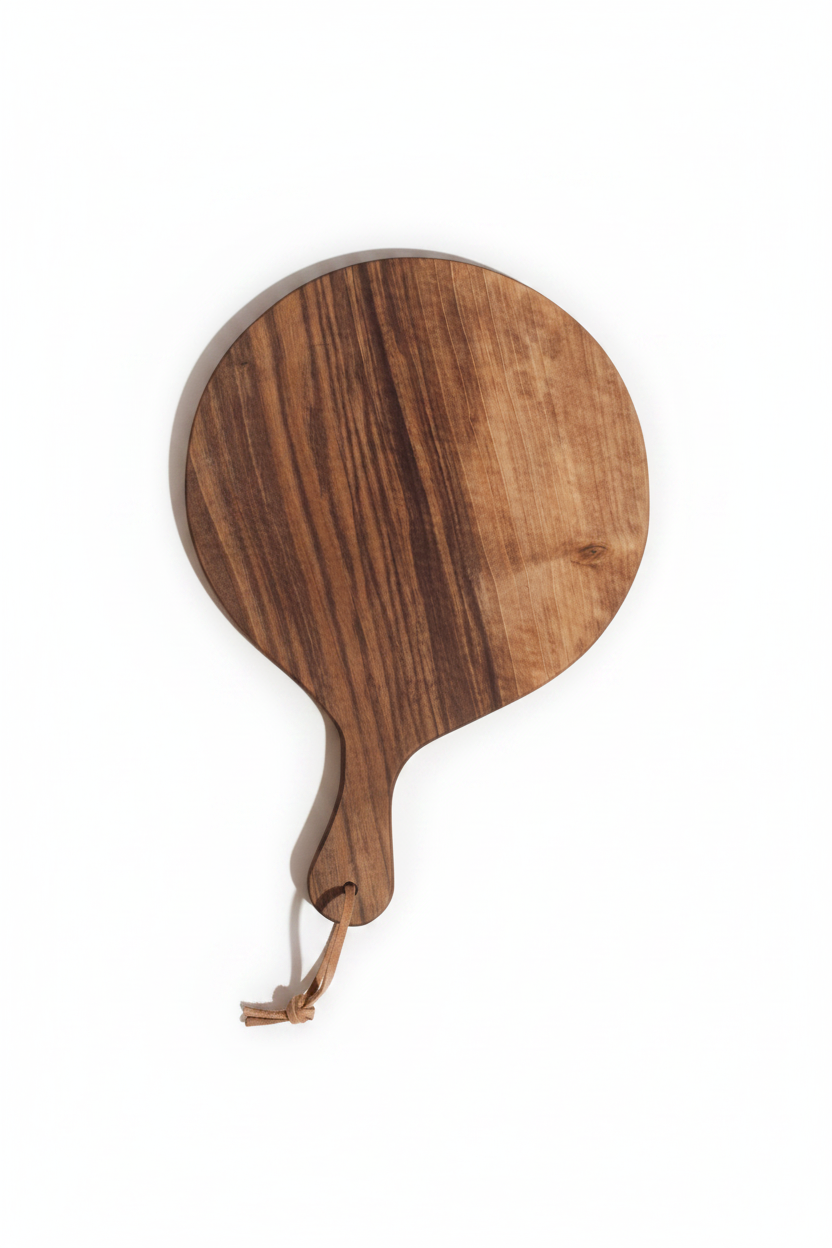 One medium-size round Une Vie Nomade walnut cutting board on a white background