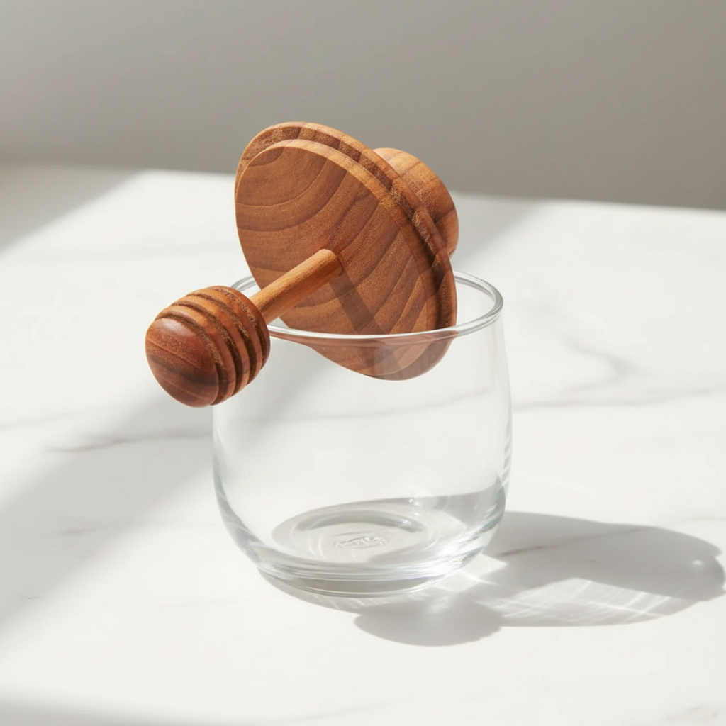 Mini Teak & Glass Honey Jar on a light surface.