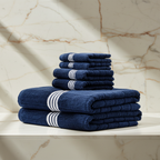 Navy Blue Nautilus Towel Set on Calacatta marble.