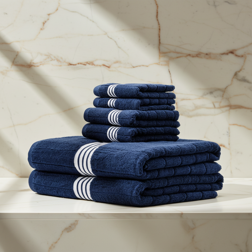 Navy Blue Nautilus Towel Set on Calacatta marble.