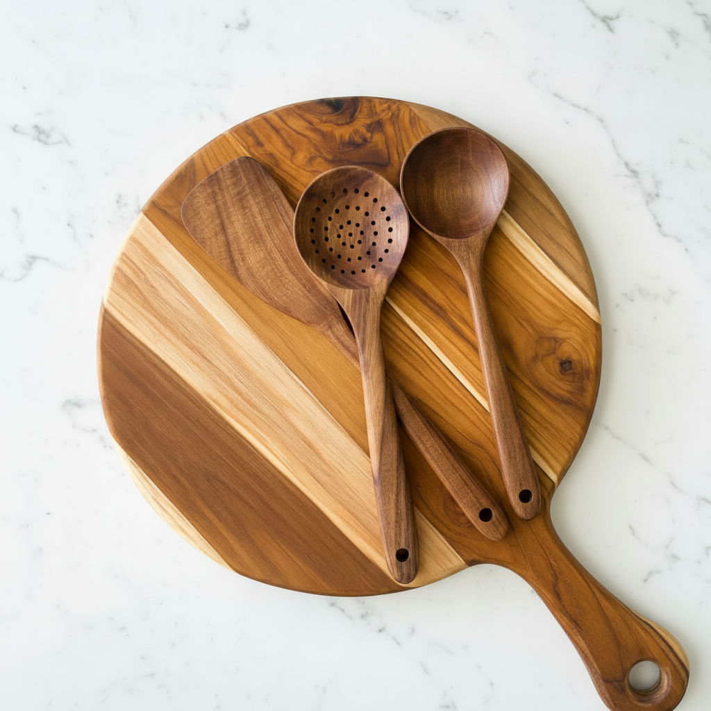 Nosara Utensils on Teak Round Board – 3 Utensils