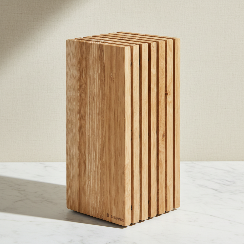 Oak slotted knife block on a white marble surface with soft natural light and warm off-white background