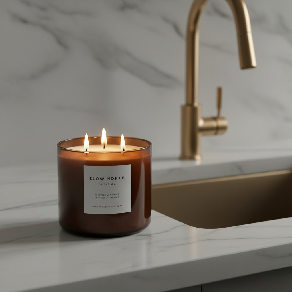Of The Sea 3-Wick – Moody Kitchen, Brass Faucet