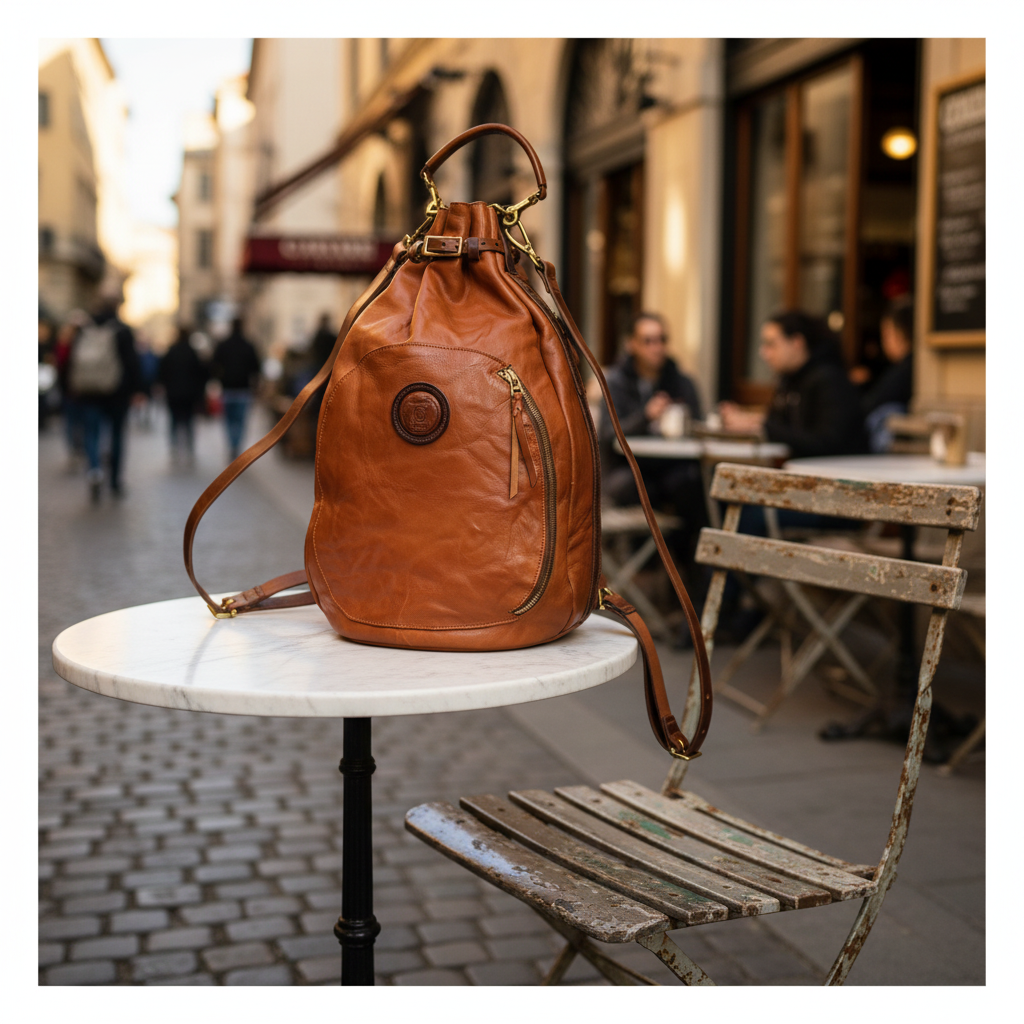 Remington Italian Leather Backpack in Caramel, front view with shoulder straps, sitting on a cafe table.
