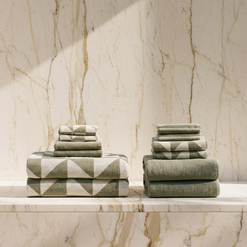 Stacks of green towels on a marble  table with a light background