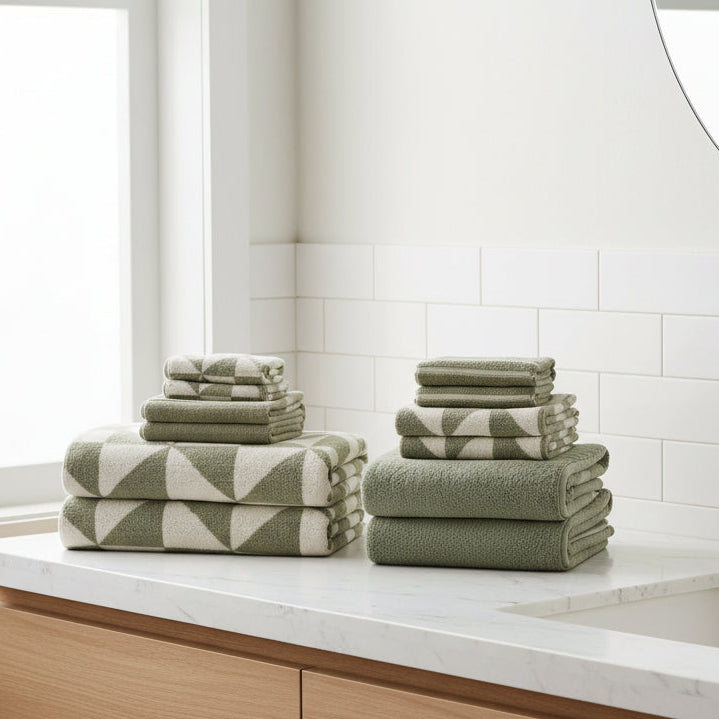 Stacks of green towels on a bathroom vanity.