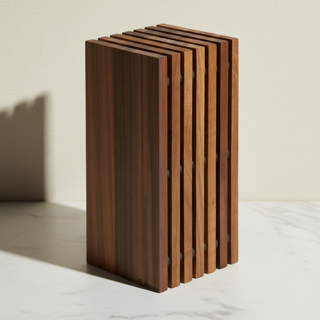 Slotted Knife Block in Walnut on a light surface.