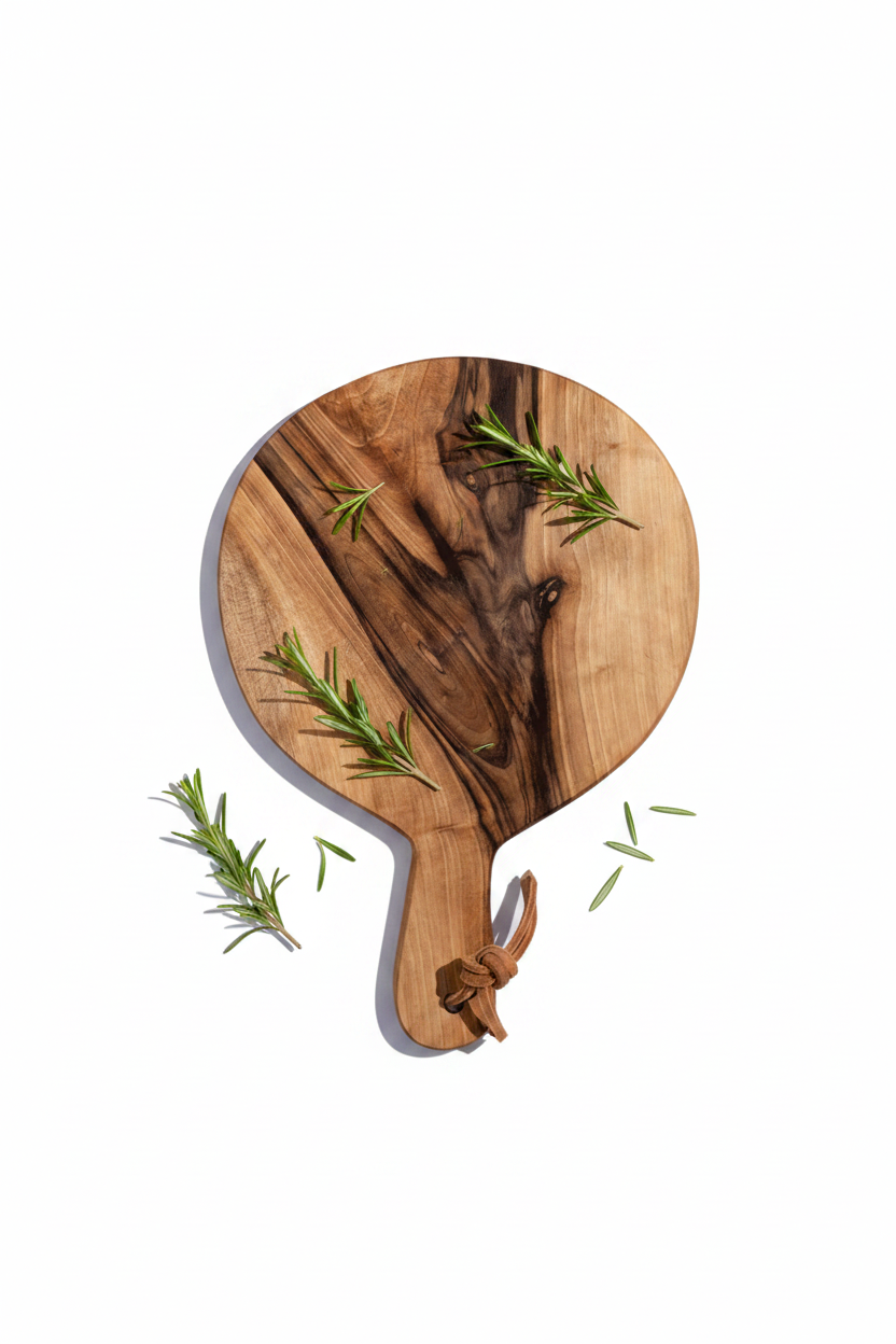 Small round Une Vie Nomade walnut cutting board on a white surface.