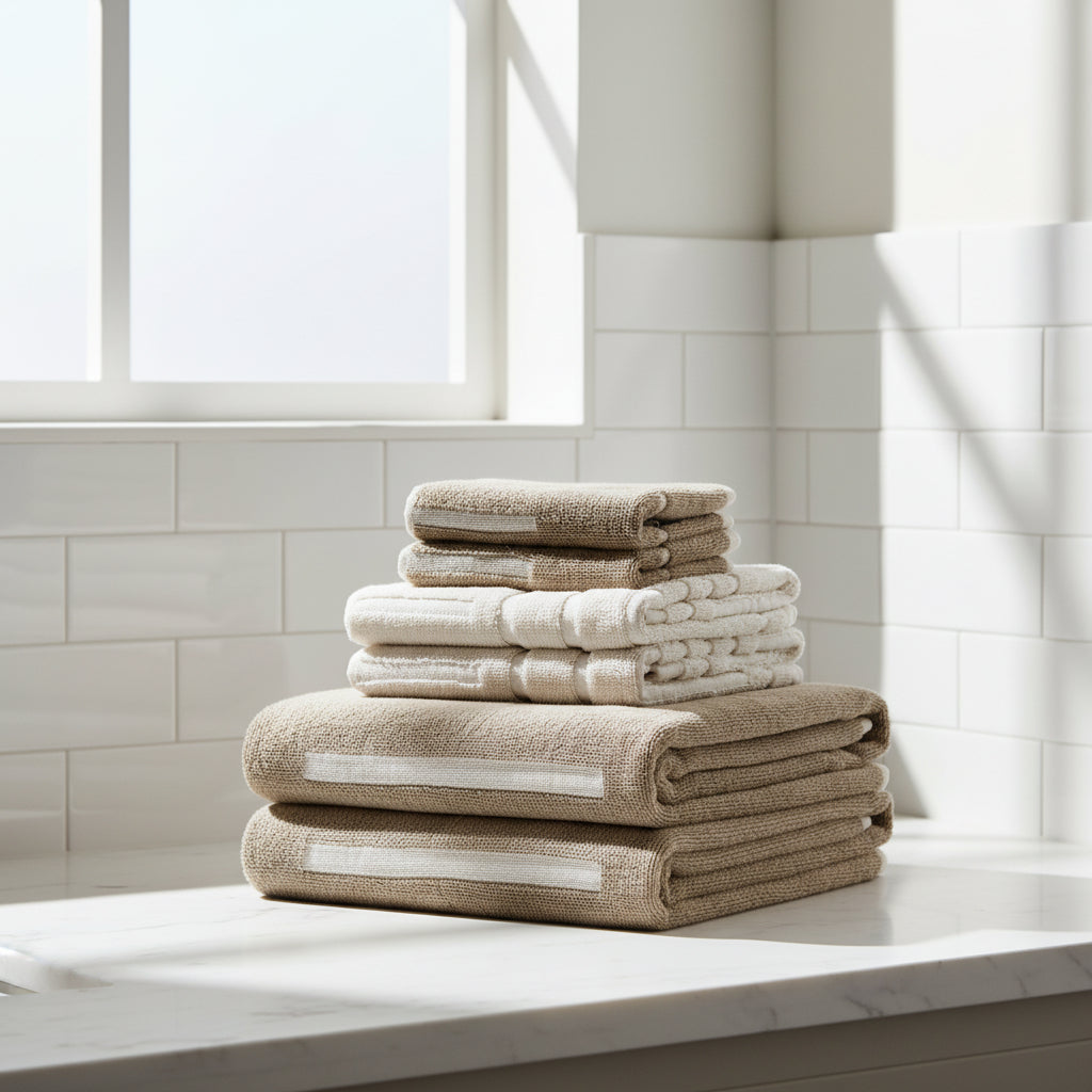 Stack of folded beige towels on a light beige background