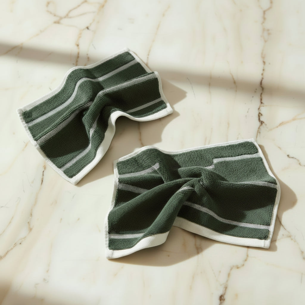 Two dark green washcloths with white stripes next on a light marble surface.