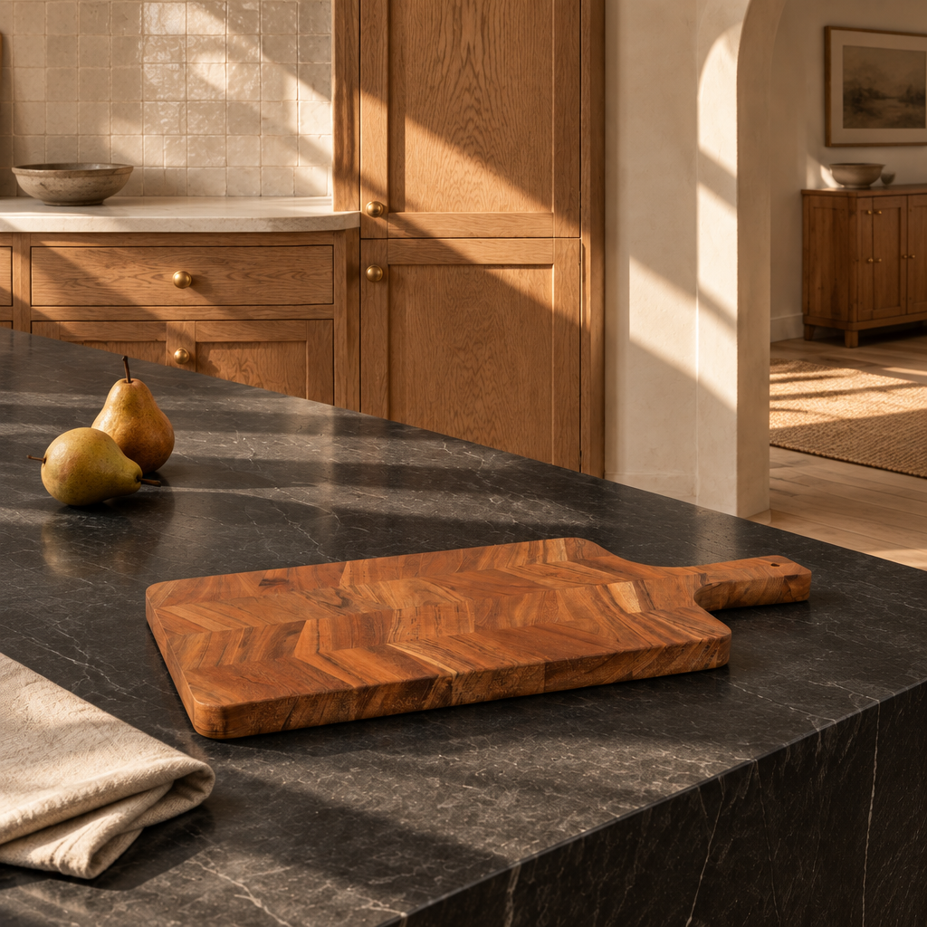 Square black soapstone kitchen lifestyle hero without borders
