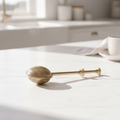 a gold tea infuser on a white marble surface