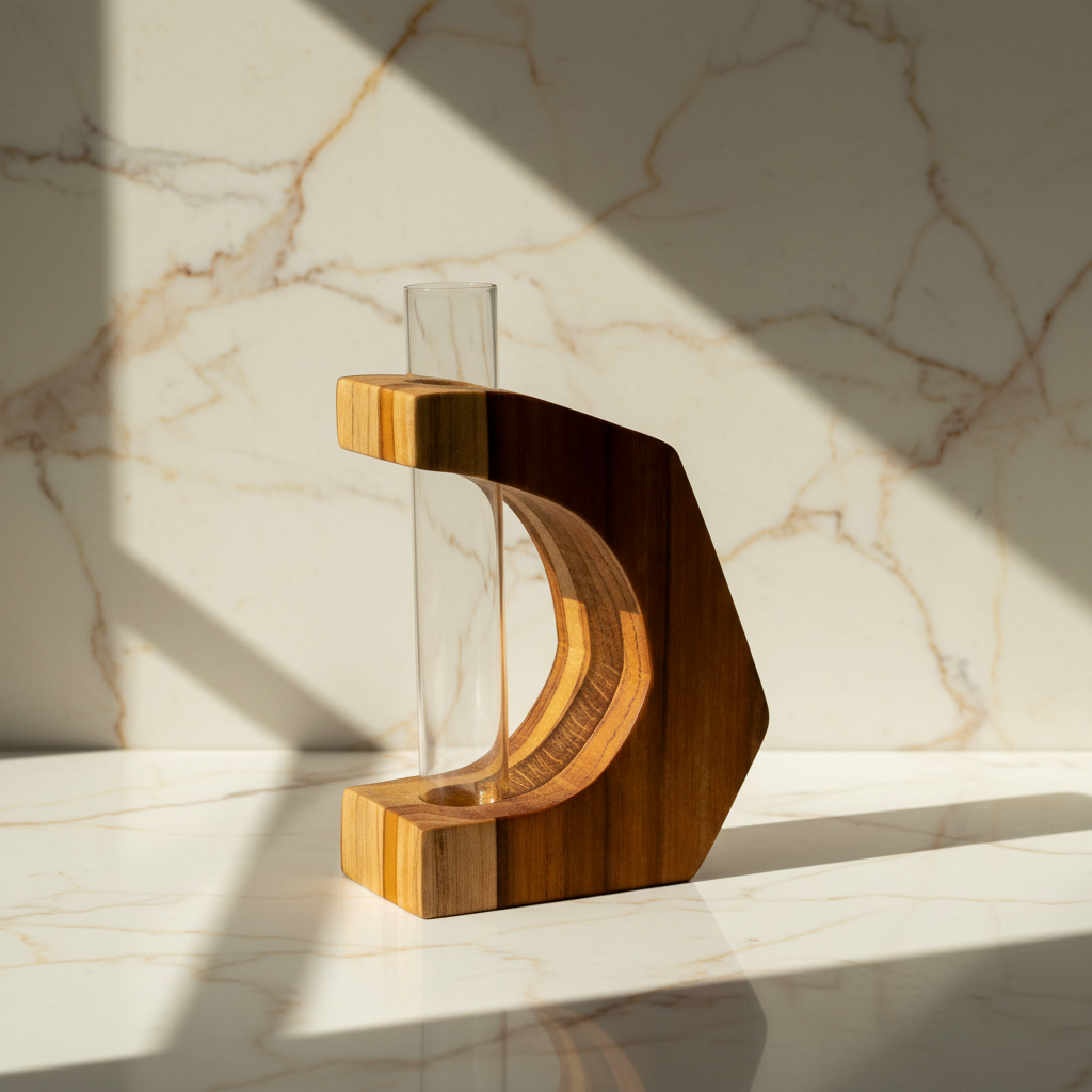 Teak Crescent Vase - With Glass Tube - Light & Creamy