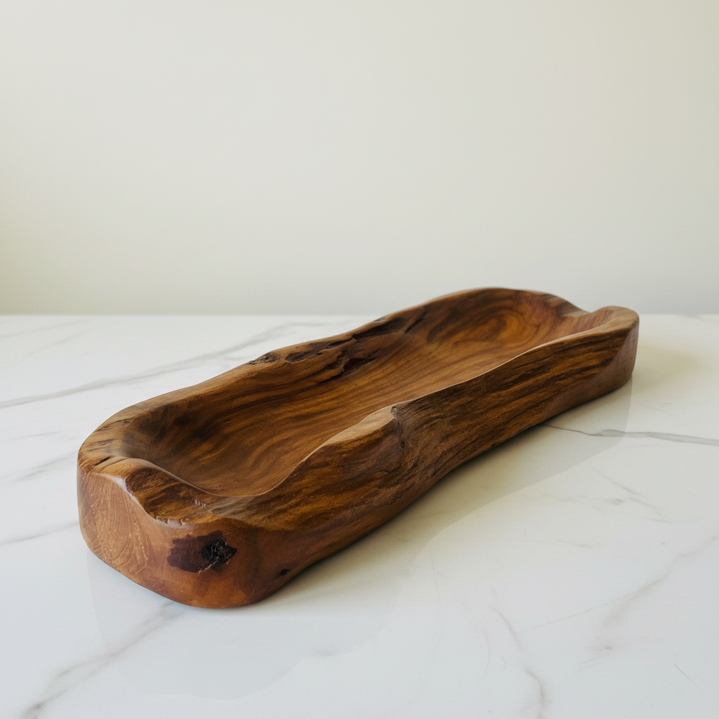 Teak Live Edge Tray - Angled White Marble