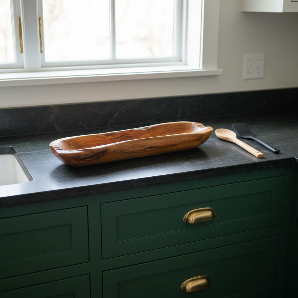 Teak Live Edge Tray - Green Kitchen with Utensils