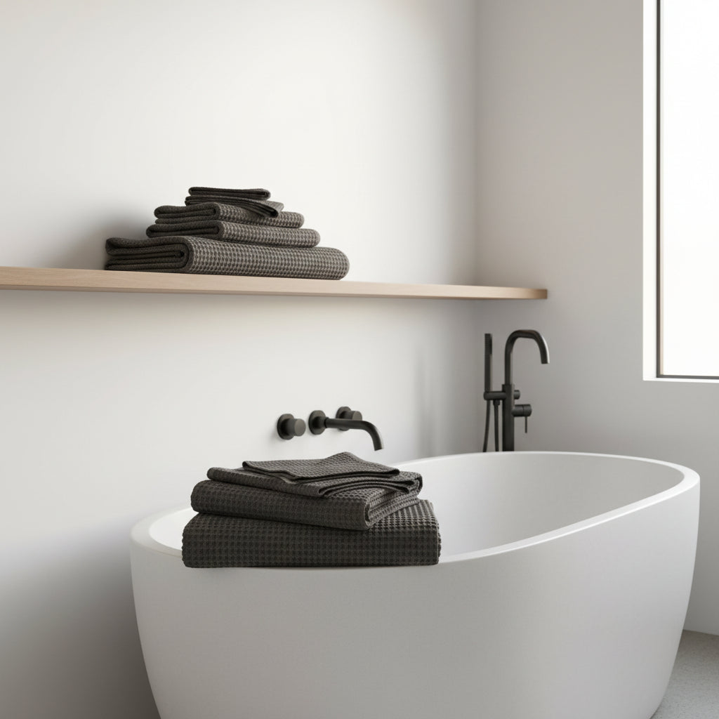 two stacks of folded charcoal gray waffle weave towels in a white bathroom.