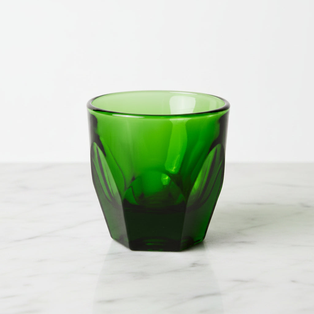 Vero Cappuccino Glass (6oz) - Emerald, on a white marble surface.